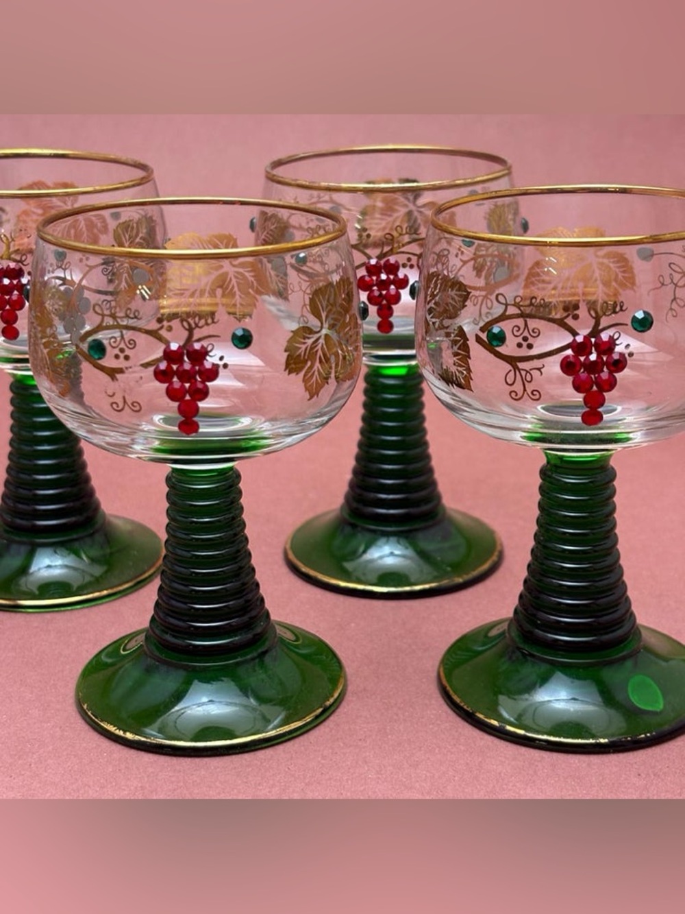 Vintage German Set of 4 Romer Wine Glasses Swarovski Crystal and Gold Leaf Grape